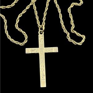 12k gold filled etched engraved cross religious pendant on rope chain necklace